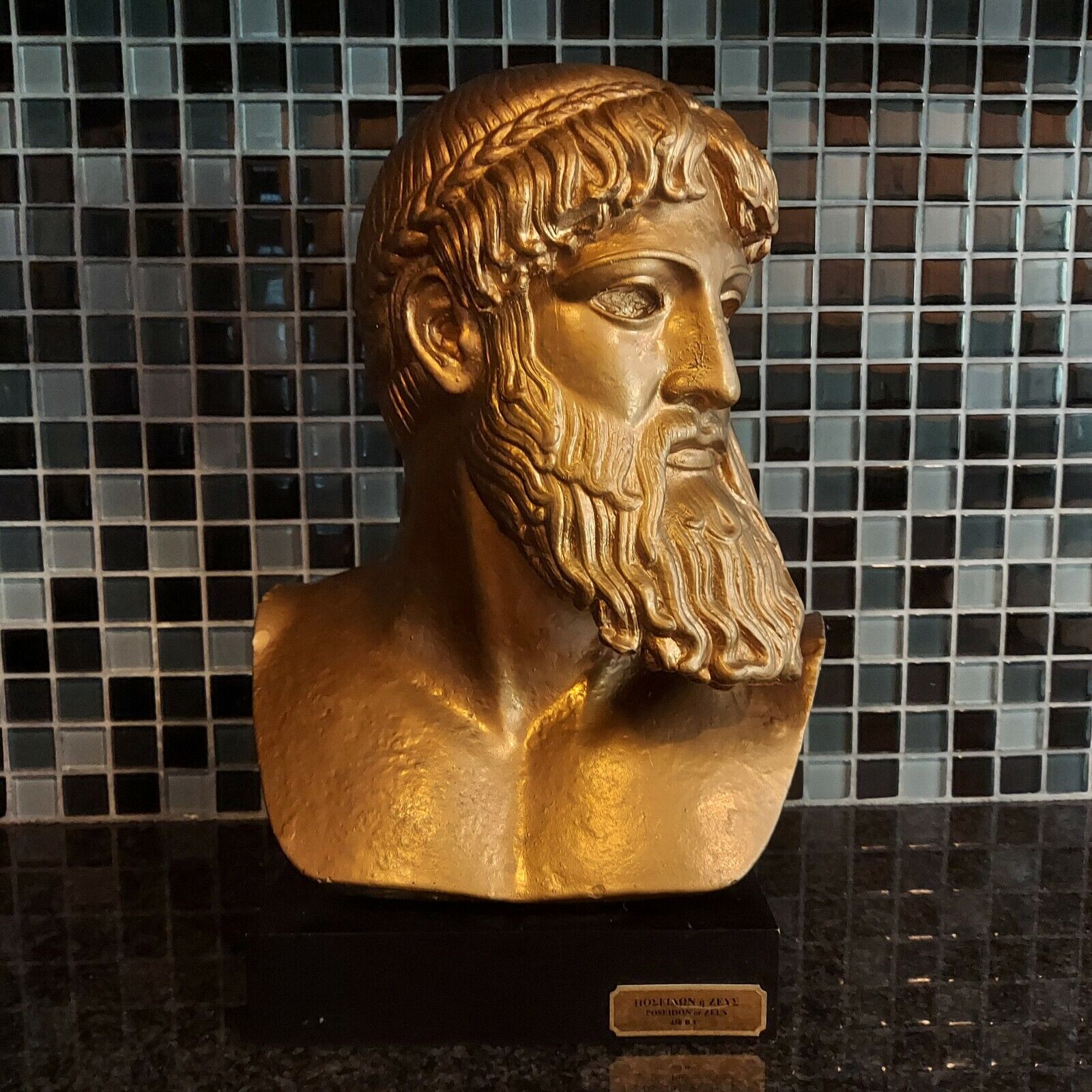 Bronze Poseidon or Zeus Bust Museum Reproduction Gold Painted Rotates on Stand