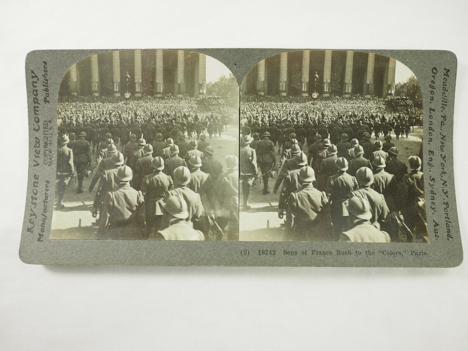 Antique Stereoview Card. Keystone. (3) 18742 Sons of France Rush to the Colors