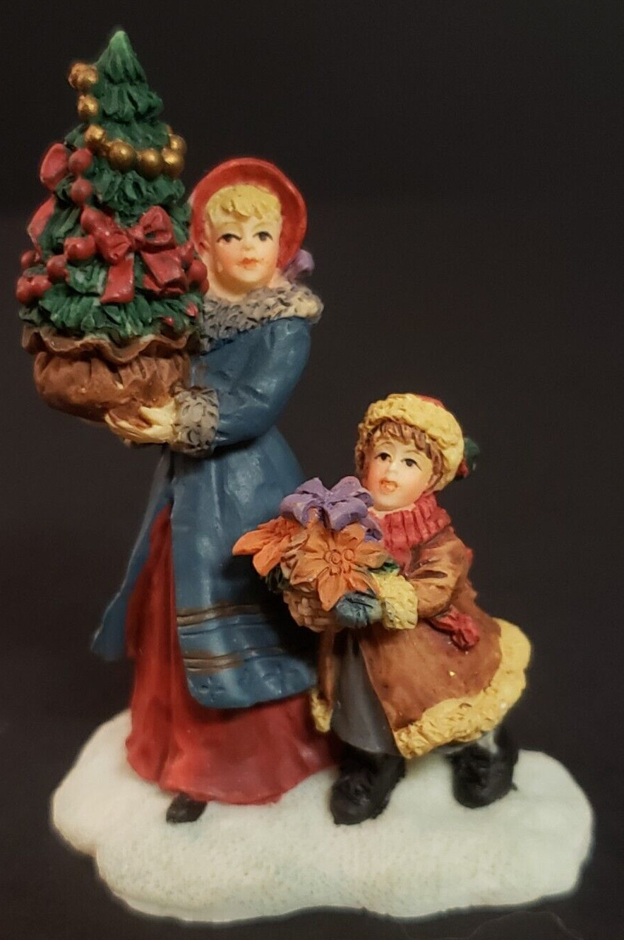 Holiday Time Owell Christmas Village Mother Daughter Carrying Tree Flowers