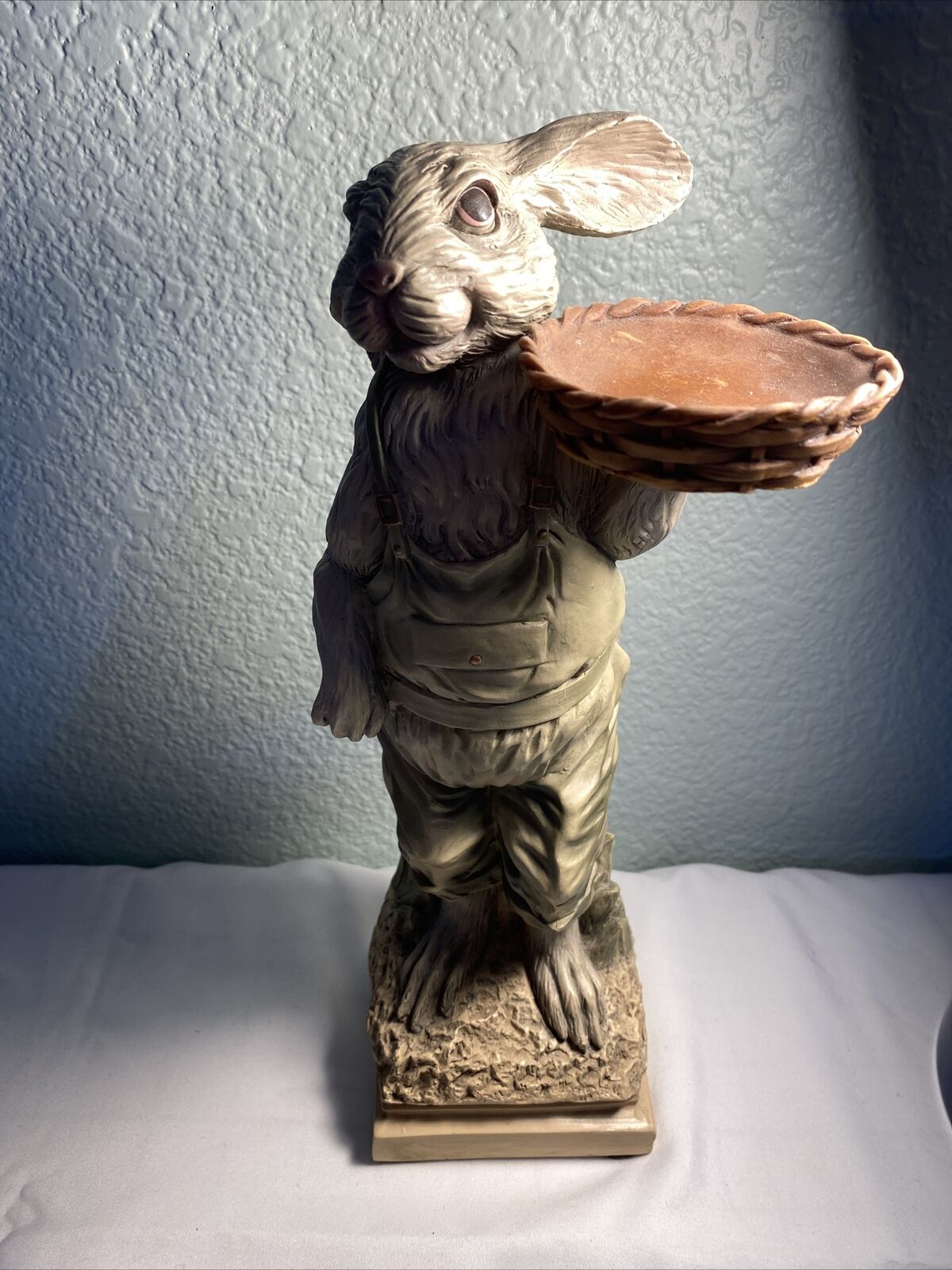Vintage Chrisdon Rabbit Statue Bunny Farmer with Overalls Holding Basket 12