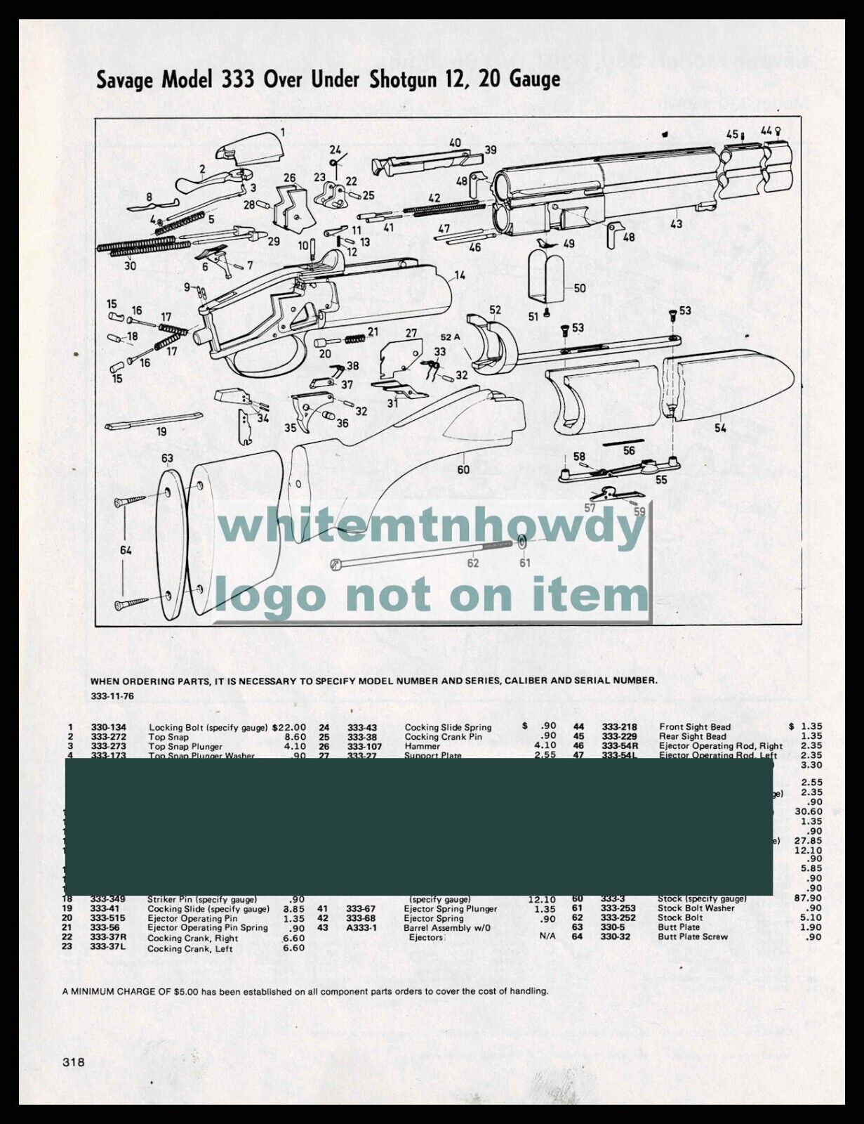 1984 SAVAGE 333 Over Under 12 20 gauge Shotgun  Schematic Parts List