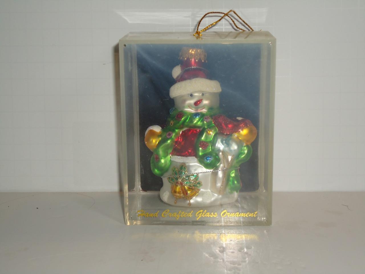 VINTAGE HAND PAINTED HAND CRAFTED GLASS SNOWMAN CHRISTMAS ORNAMENT IN BOX