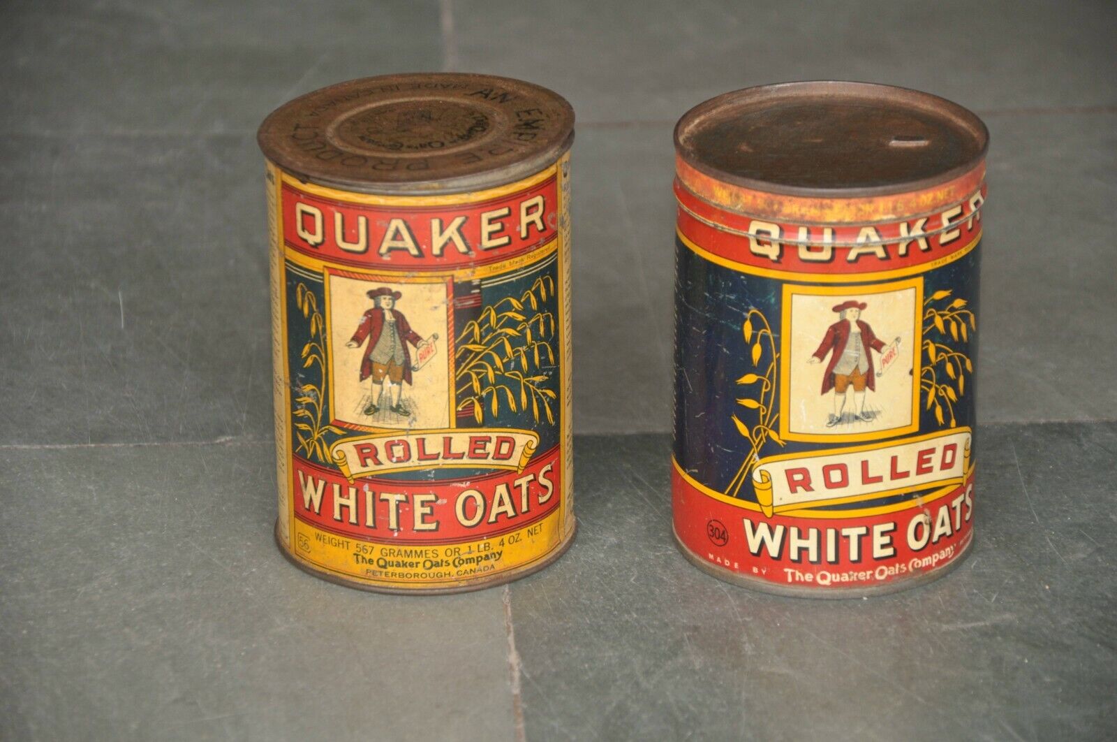 2 Pc Vintage Quaker Rolled White Oats Ad Litho Tin Box 