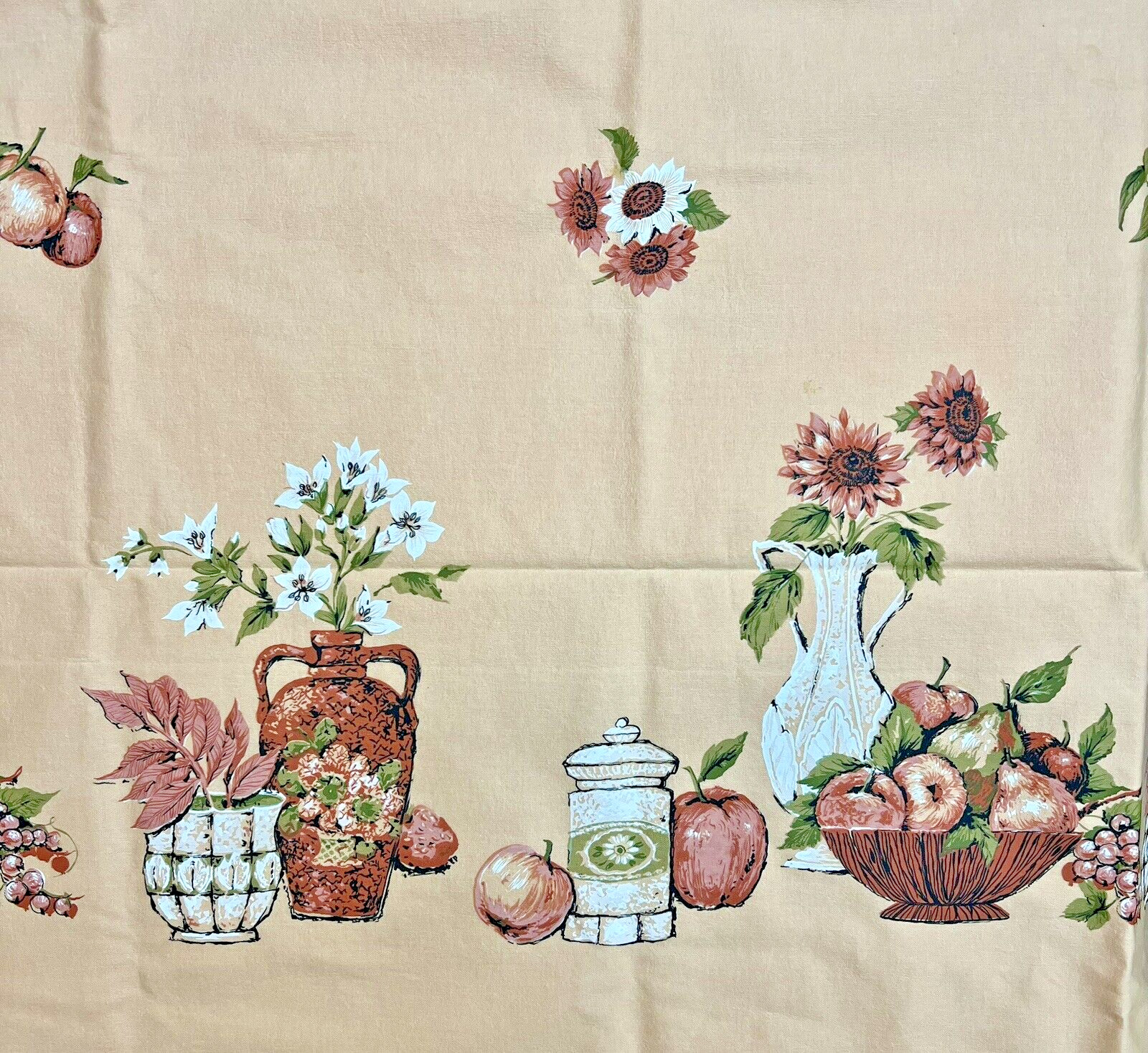 VTG Peach Vinyl Flannel Back Tablecloth 82 X 58 w/Fruit Vases Flowers Baskets