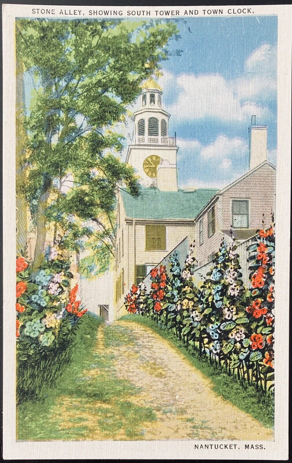NANTUCKET ISLAND, MASS. C.1940 PC.(N31)~VIEW OF STONE ALLEY AND TOWN CLOCK