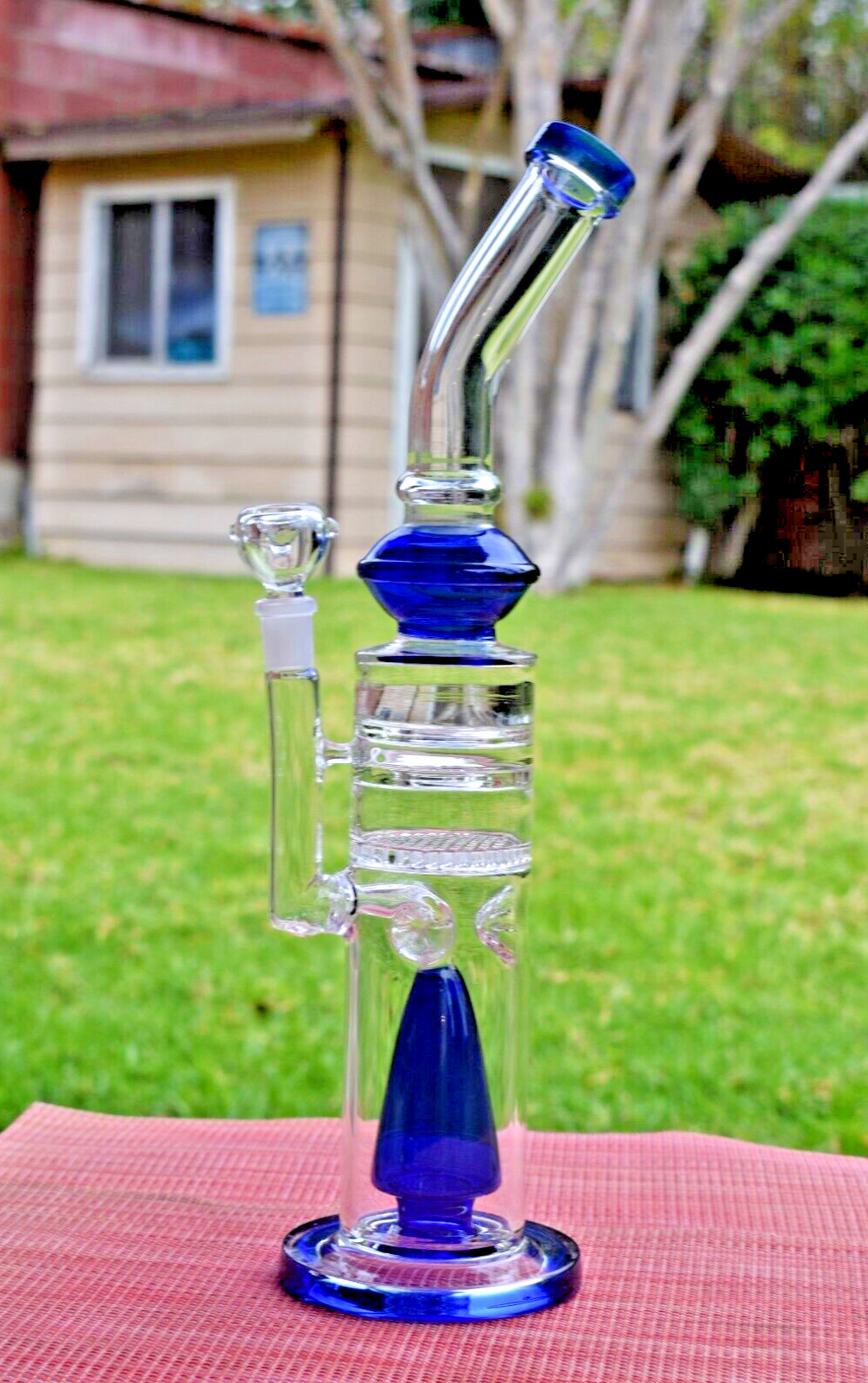16 Inch Thick Glass Bong Water Smoking Pipe W/ Honeycomb Percolator Blue