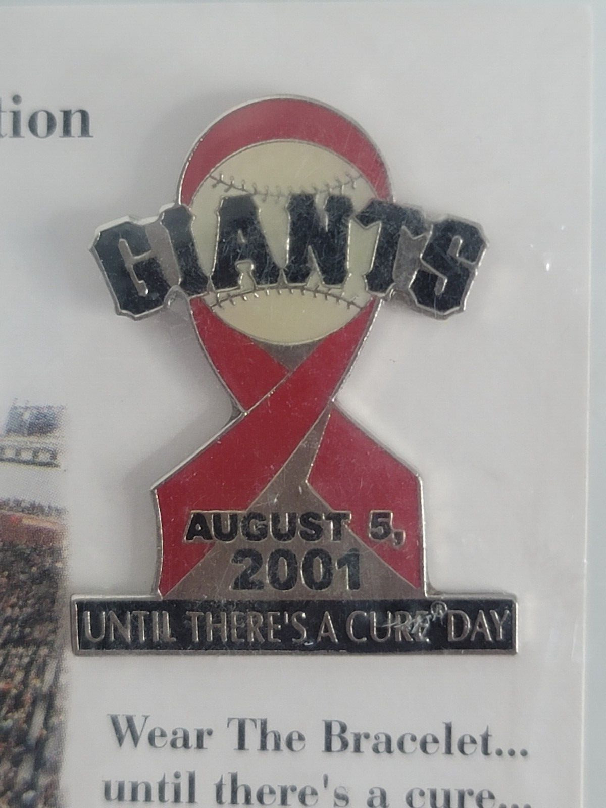 GIANTS Until There's a Cure Day HIV AIDS 2001 Vintage Souvenir Lapel Hat Pin NEW