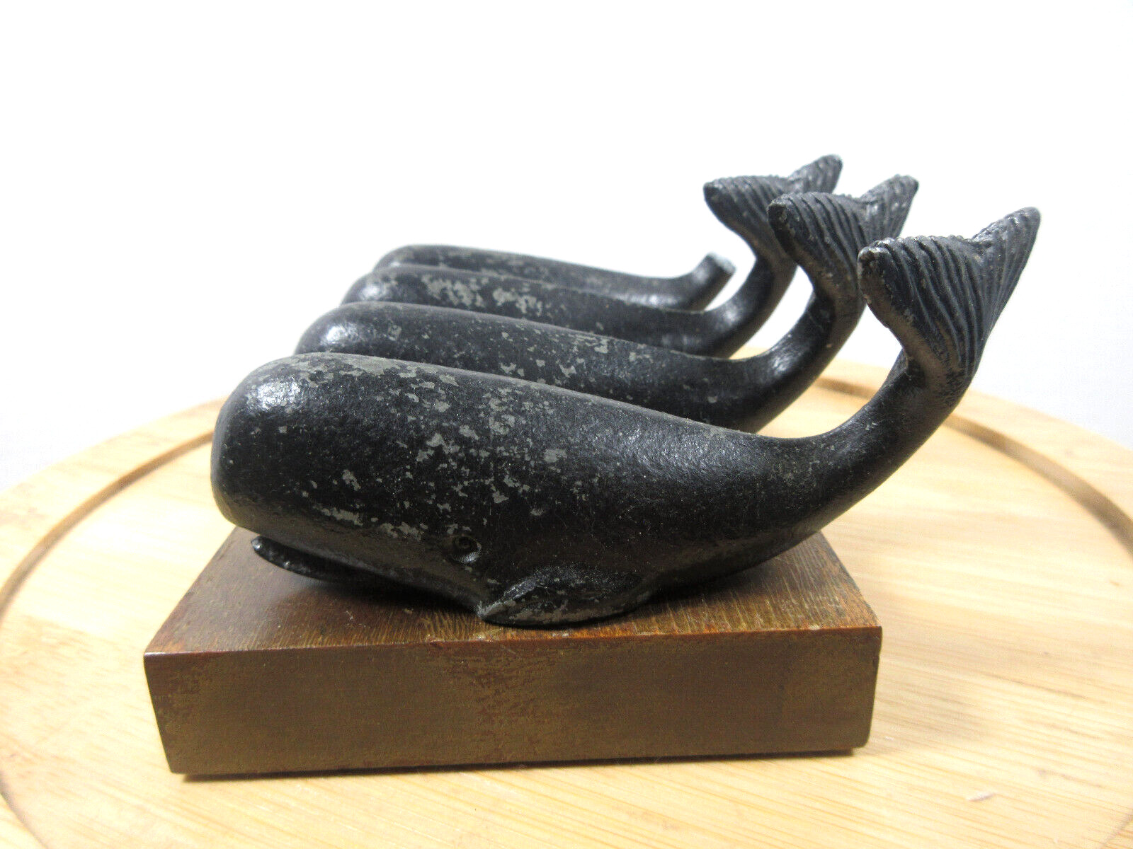 vintage Sperm Whale solid cast metal paperweights w/ wood stand Nautical decor