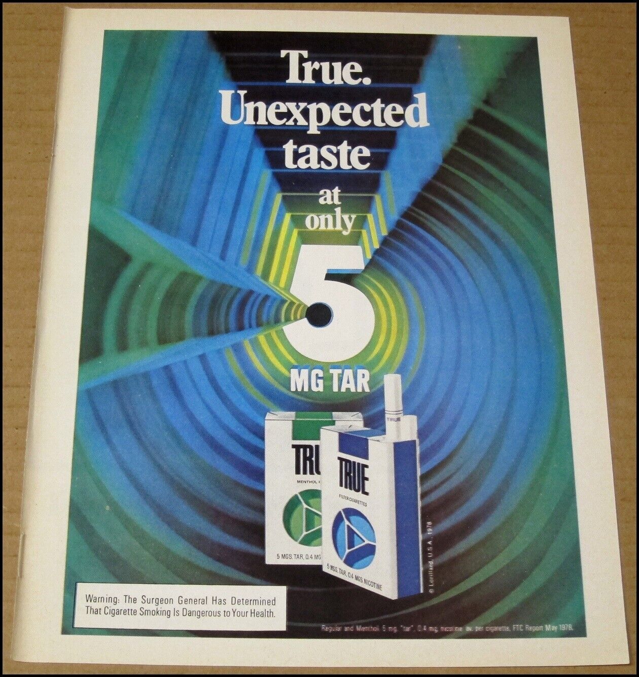 1978 TRUE Cigarettes Print Ad Vintage Advertisement Unexpected Taste Menthol