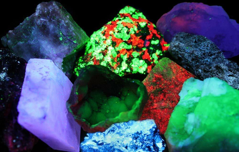 Set of 10 Medium Sized UV Short Wave Reactive Fluorescent Mineral Rock Specimens