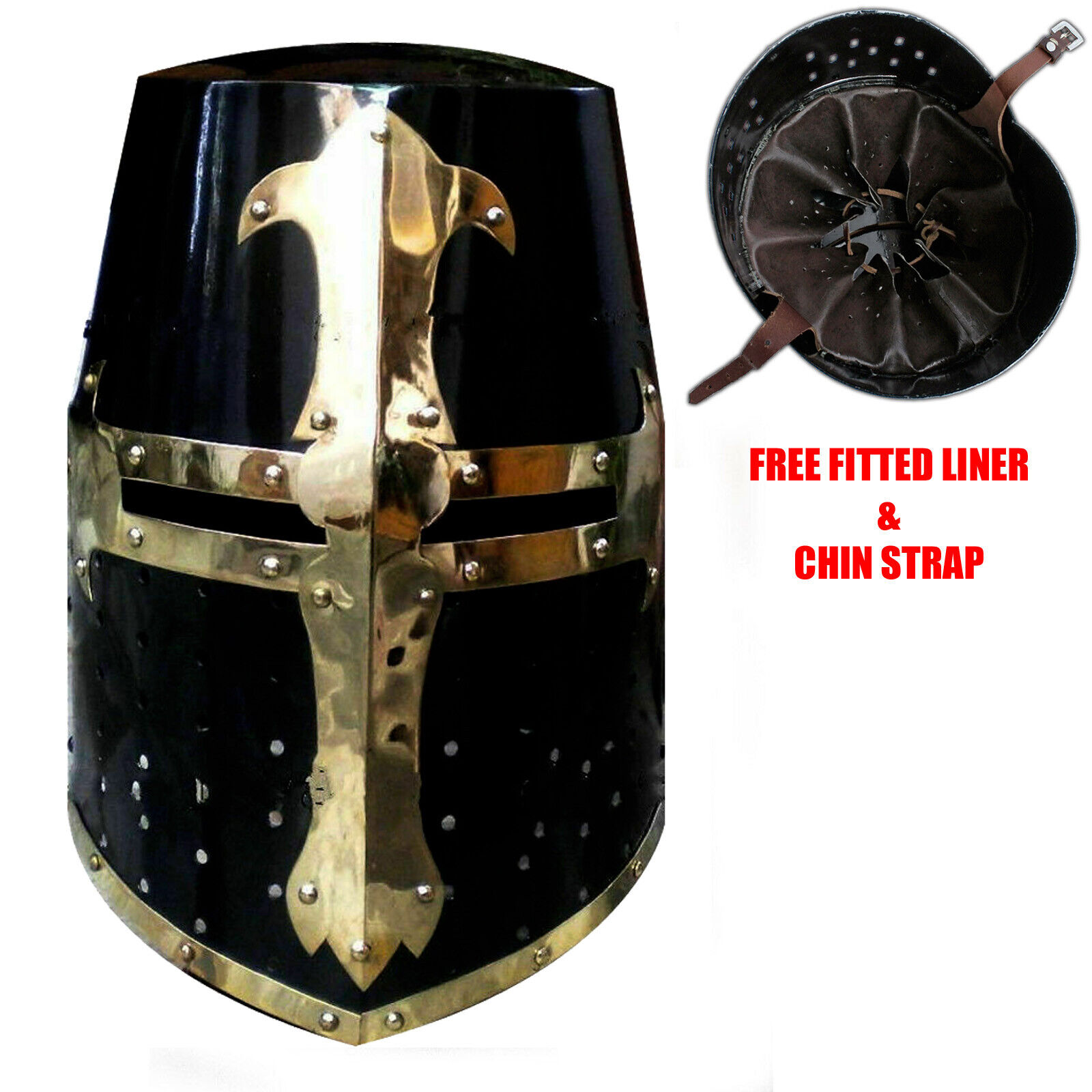 Medieval Knight Crusader Armor Helmet Black + Brass Design Free & Fast shipping