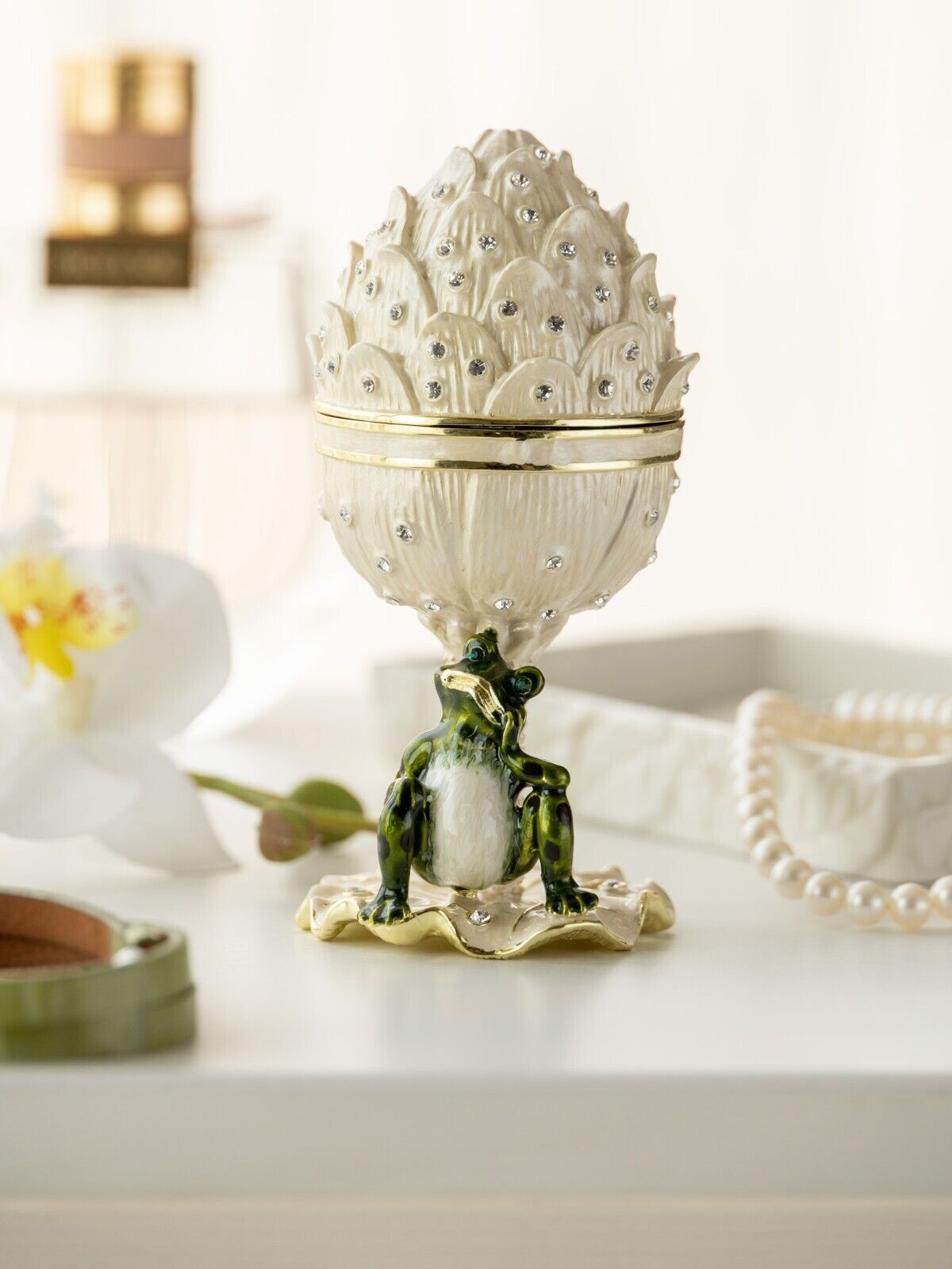 Keren Kopal Faberge Egg with Frog Trinket Box Handmade with Austrian Crystals