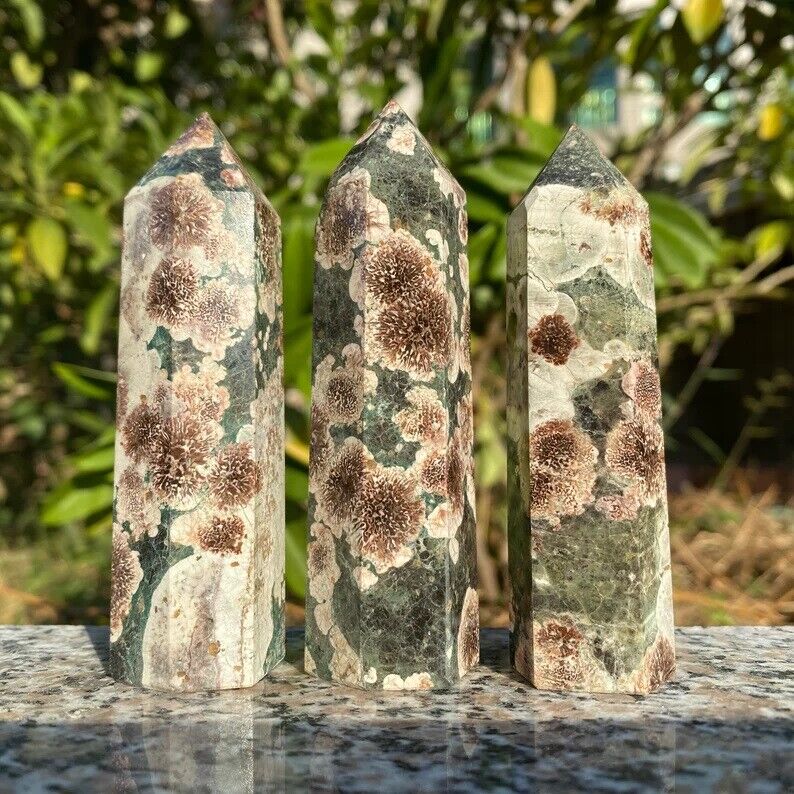3~4'' Natural Green Cherry Blossom Agate Point Obelisk Crystal Tower Decoration