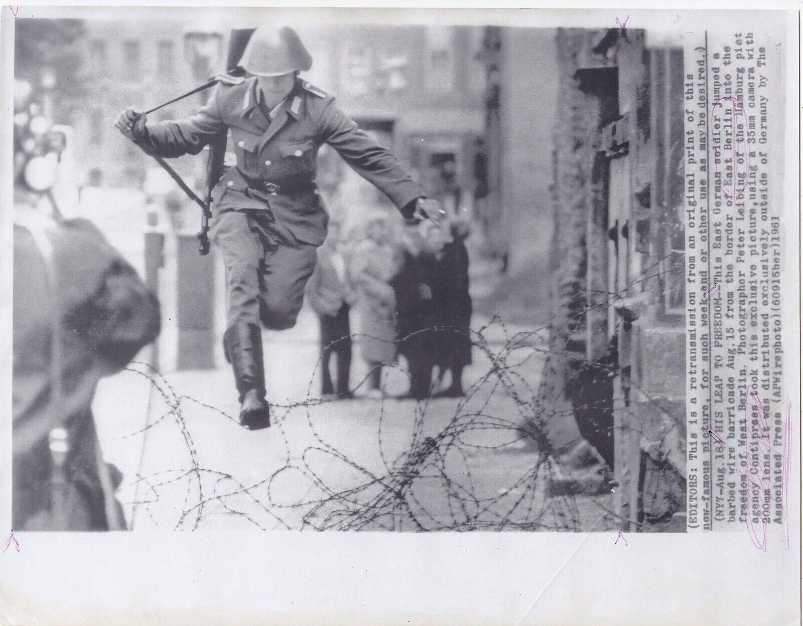 Jump to Freedom press photo, German Soldier, cold war photo, Germany Berlin Wall