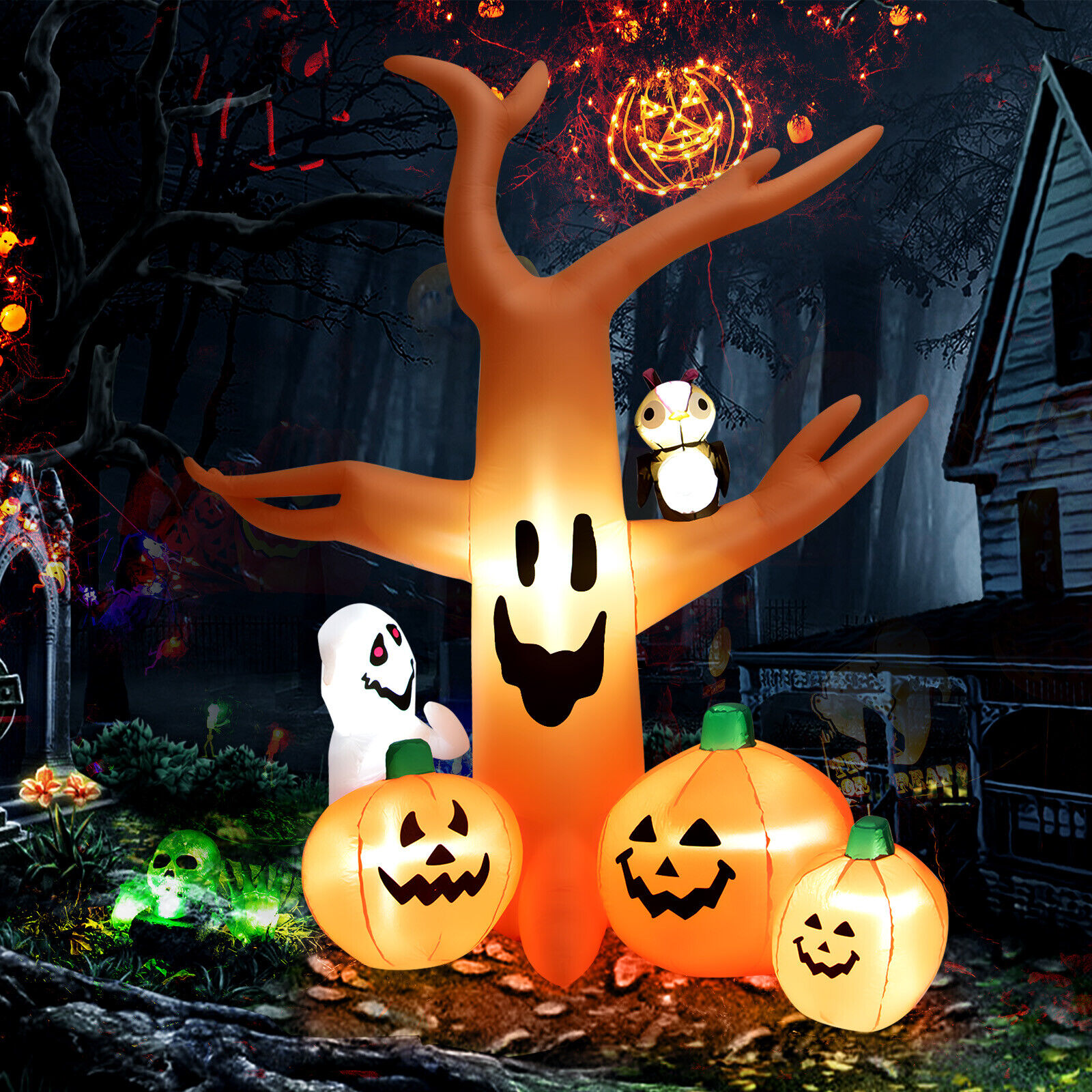8 FT Halloween Inflatable Dead Tree w/ Pumpkins Blow up Yard Decoration