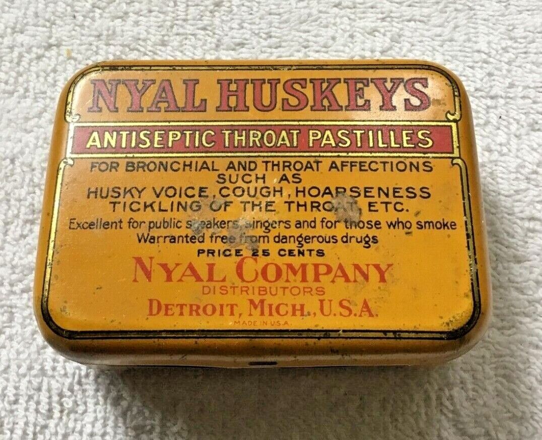 Vintage NYAL HUSKEYS Antiseptic Throat Pastilles Tin Box Detroit Mich. USA