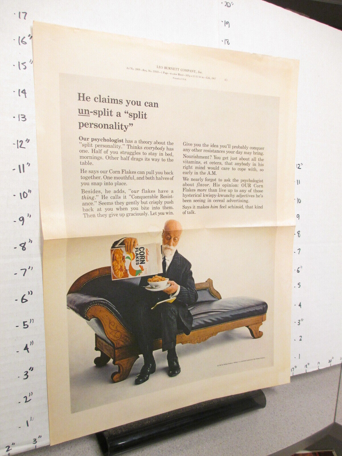 KELLOGG\'S Corn Flakes cereal box 1967 print ad proof Sigmund Freud couch sit up