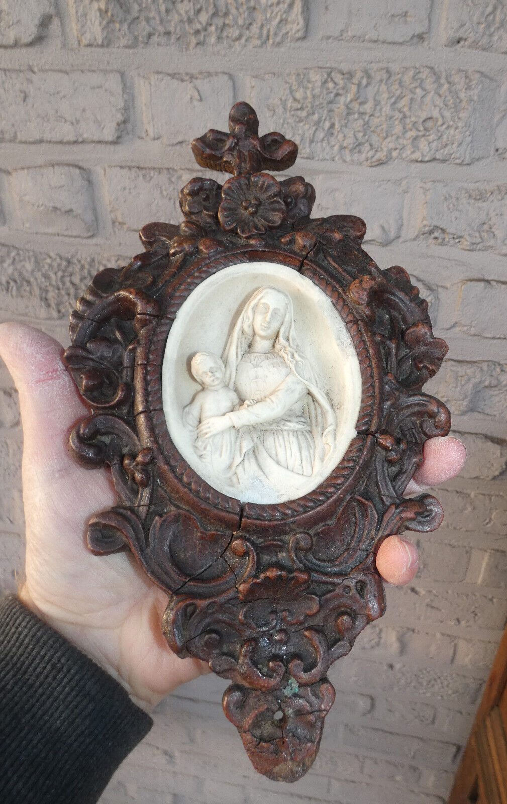 Antique French wood chalk madonna child relief wall plaque religious