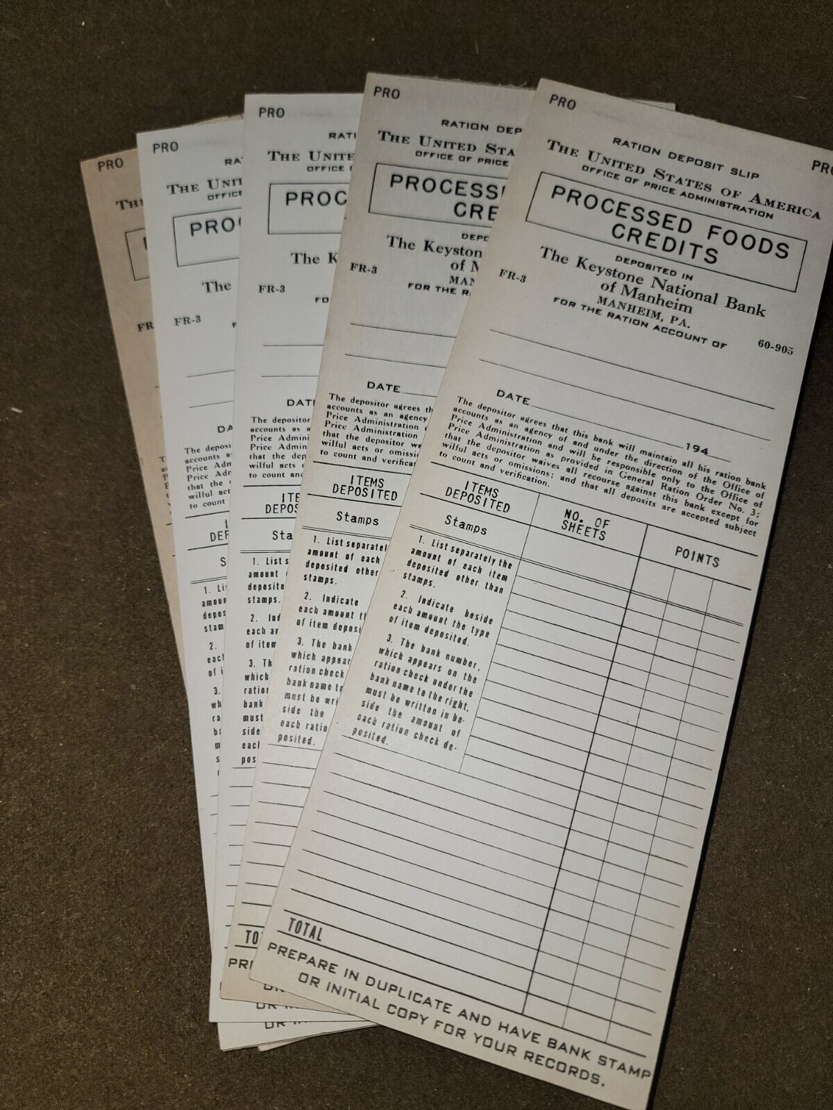 WWII Processed Foods Credits Bank Deposit Slip 5 Partial Pads