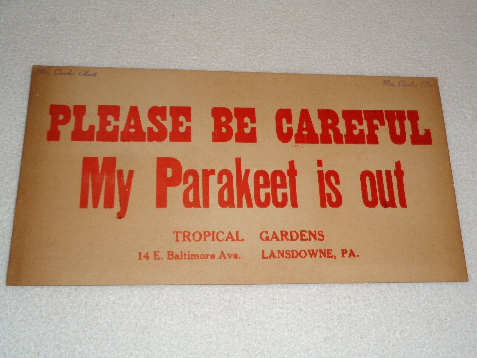 Please Be Careful My Parakeet is Out Tropical Gardens Rare Vintage Bird Sign