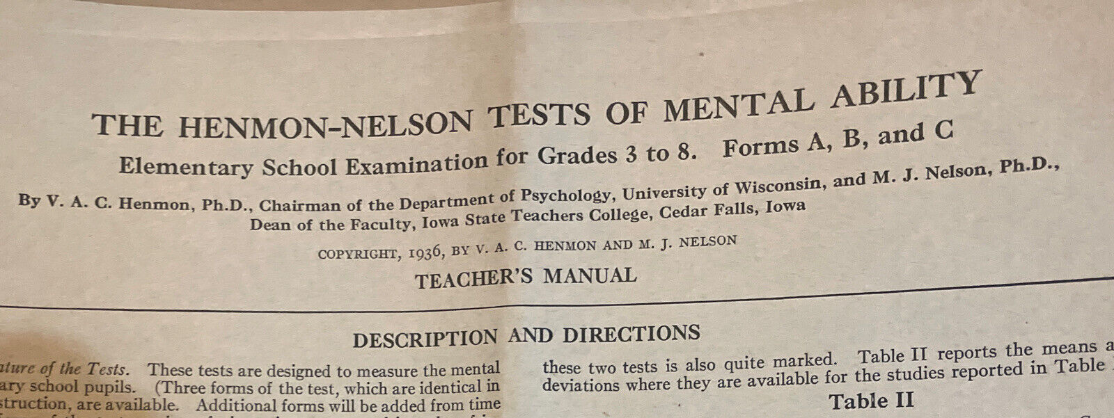 Rare 1930s  HENMON-NELSON IQ Mental Ability Test Teachers Directions & Form C