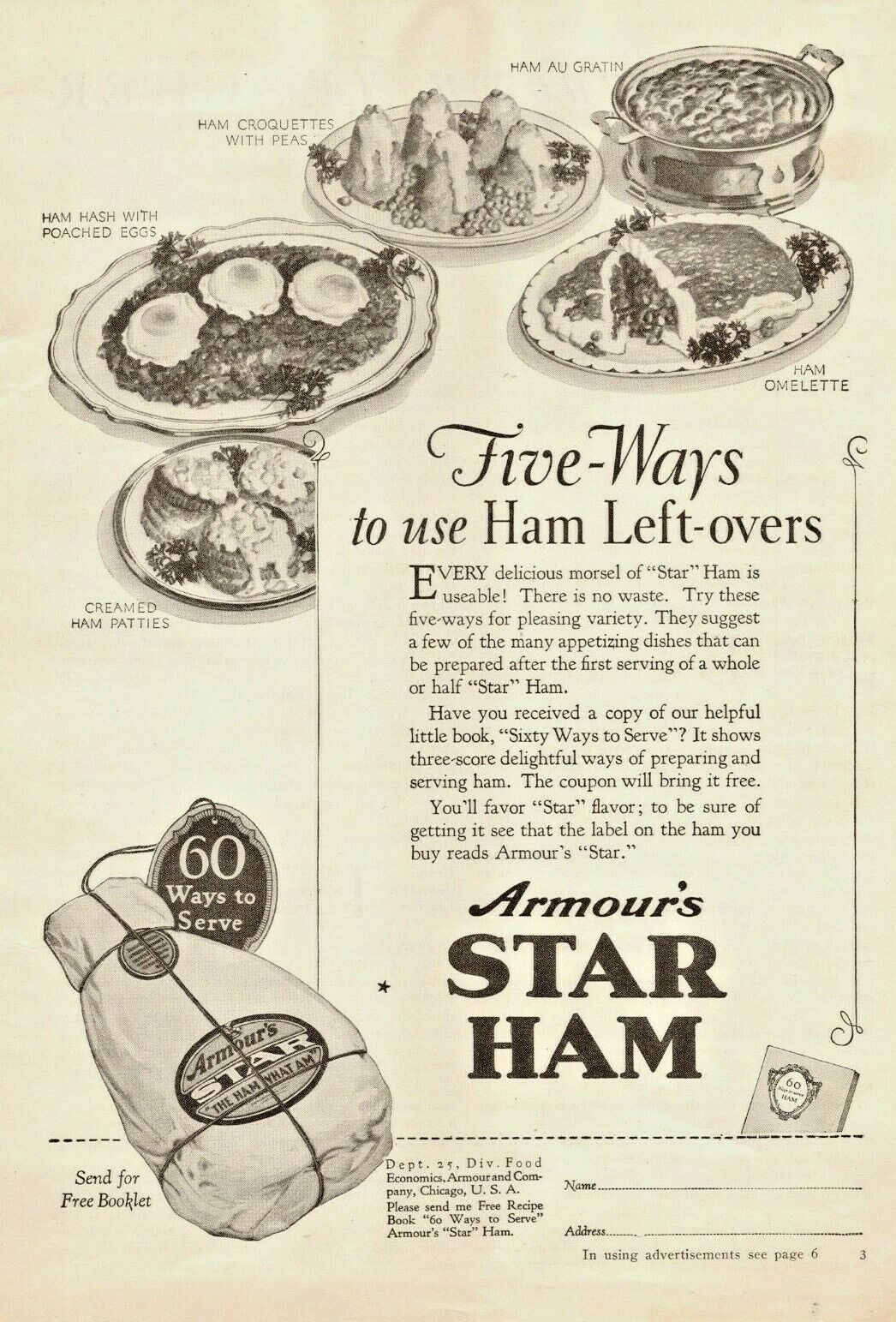 1927 Armour's Star Ham Vintage Print Ad Five Ways To Use Leftovers 