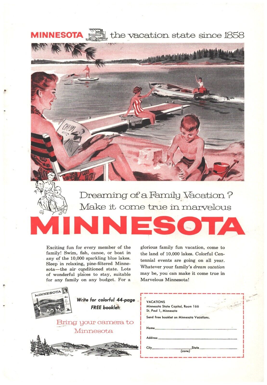 1958 Minnesota Vacation Vintage Original Magazine Print Ad