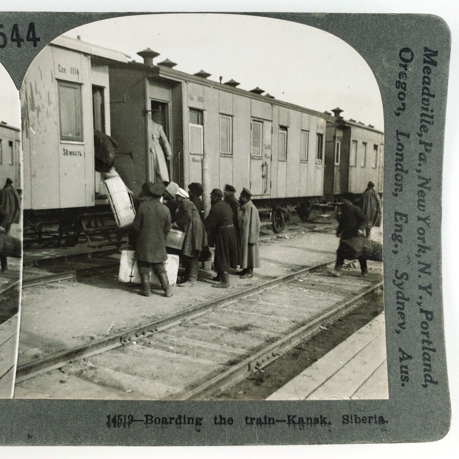 Boarding Train Siberia Kansk Stereoview 1920s Keystone Russia Railroad Card C282
