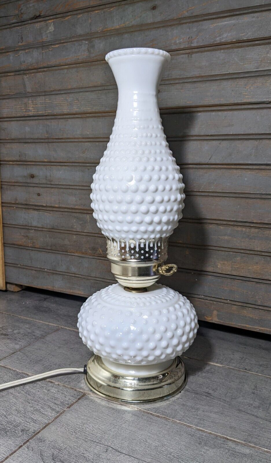 Vintage White Milk Glass Hobnail Hurricane Parlor Table Lamp