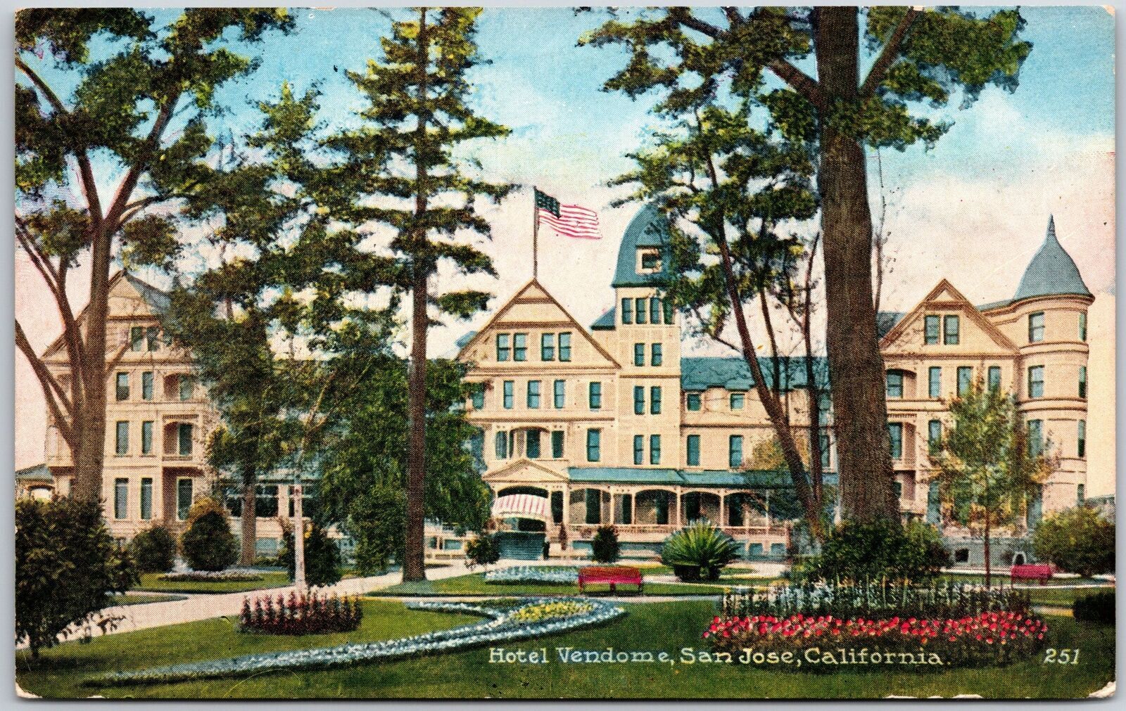 San Jose California, Hotel Vendome Park, Front View, Vintage Postcard