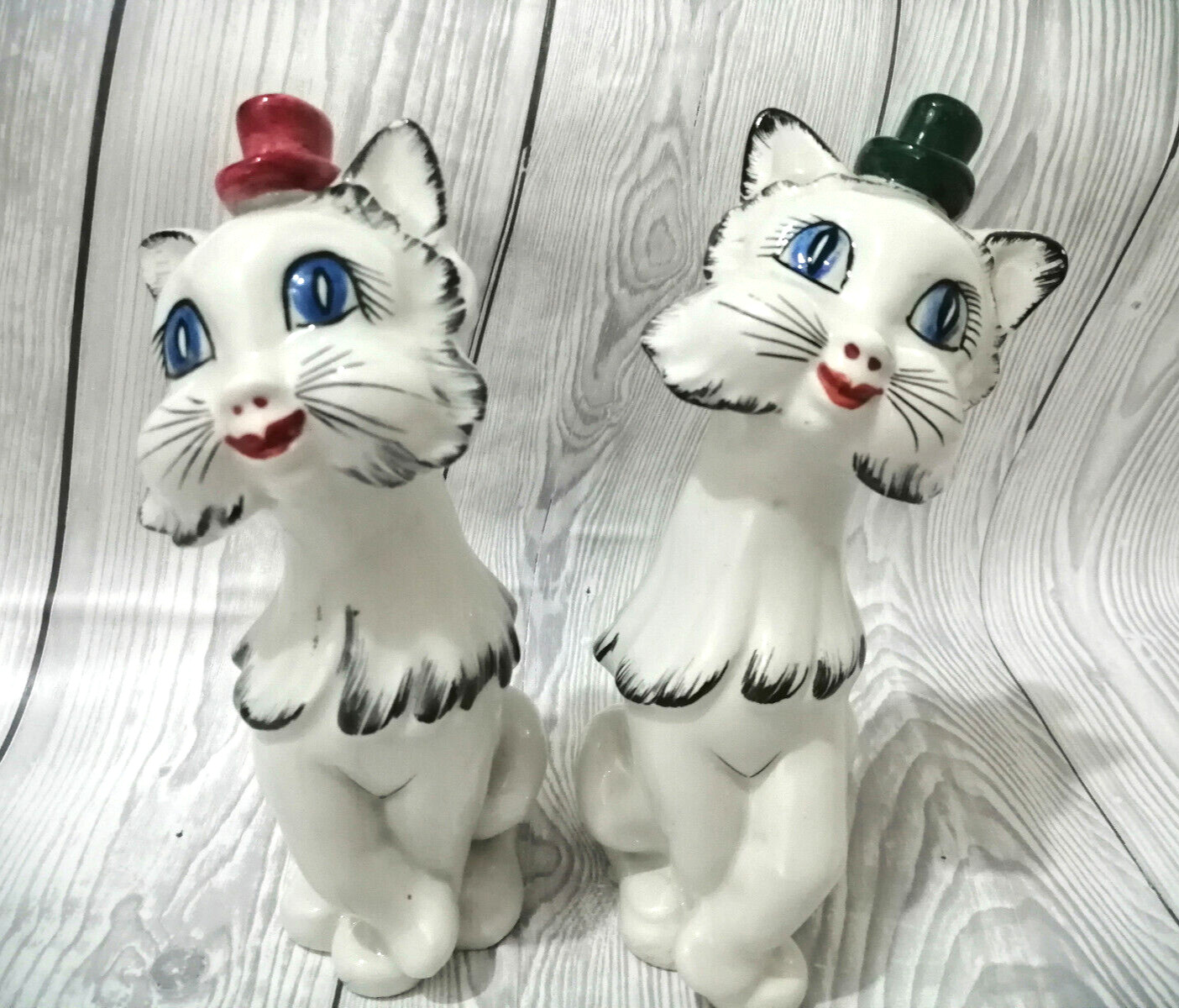 Pair of Vintage Anthropomorphic Italian Majolica Cats Hand painted 1950s Ceramic