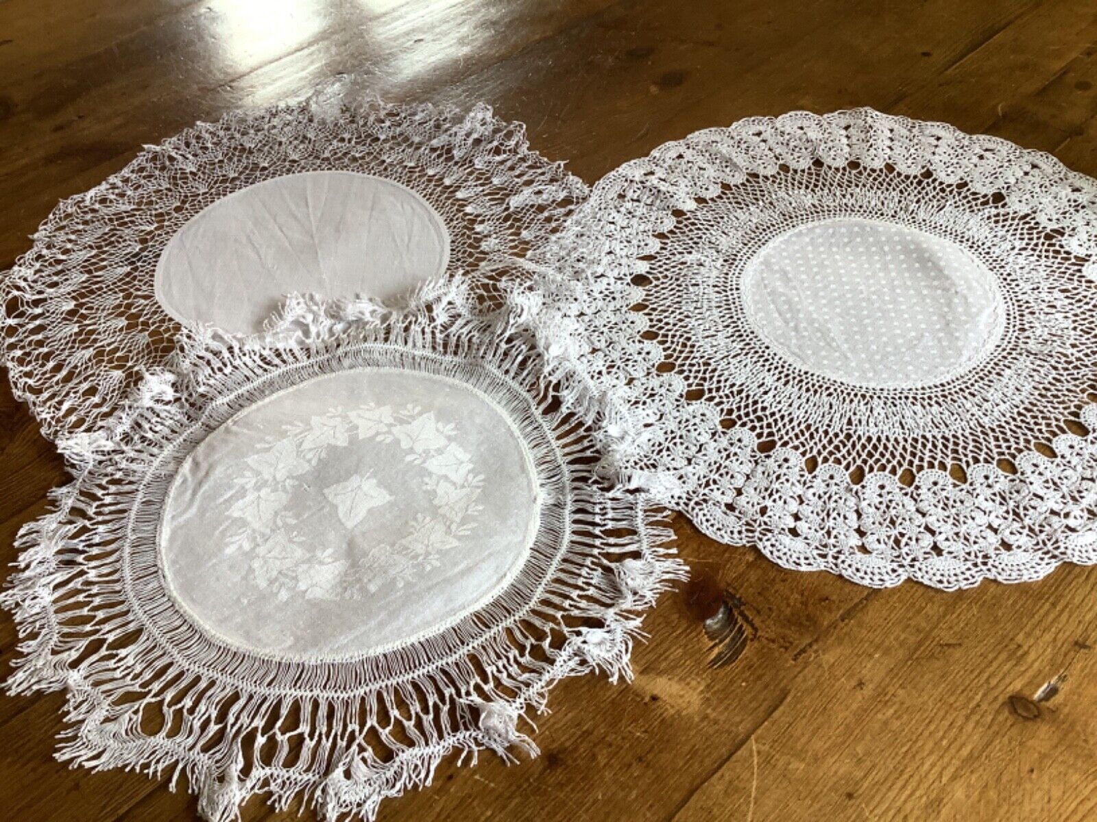 3 Large Vintage Antique White Hand Made Lace Doilies with Damask Centre