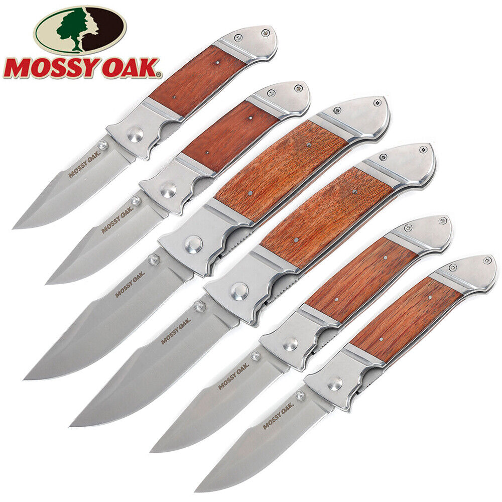 6PIECES Folding Pocket Knife Set Stainless Steel Blade Wood Handle W/Belt Clip