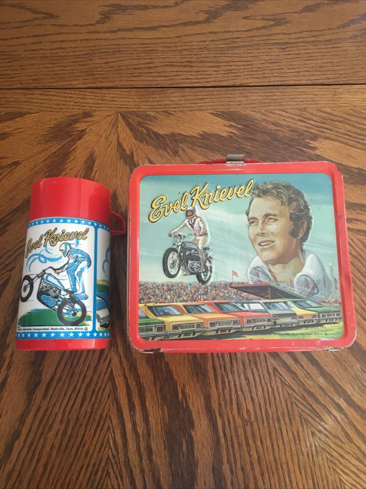 Vintage 1974 Evel Knievel Metal Lunch Box & Thermos Aladdin Industries Lunchbox