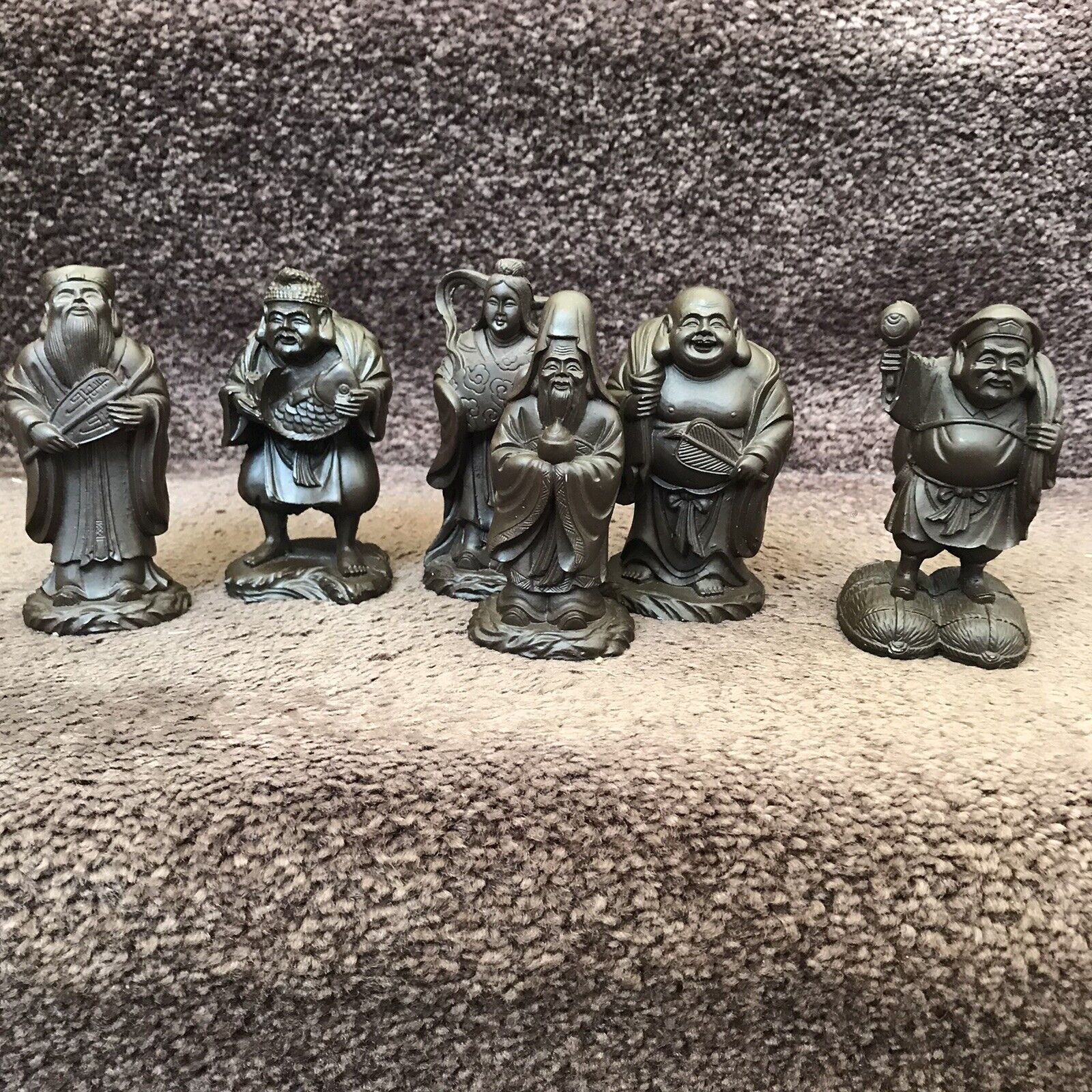 Vtg. Seven Lucky Gods of Good Fortune Wood Figurine set Of 6 4” Tall