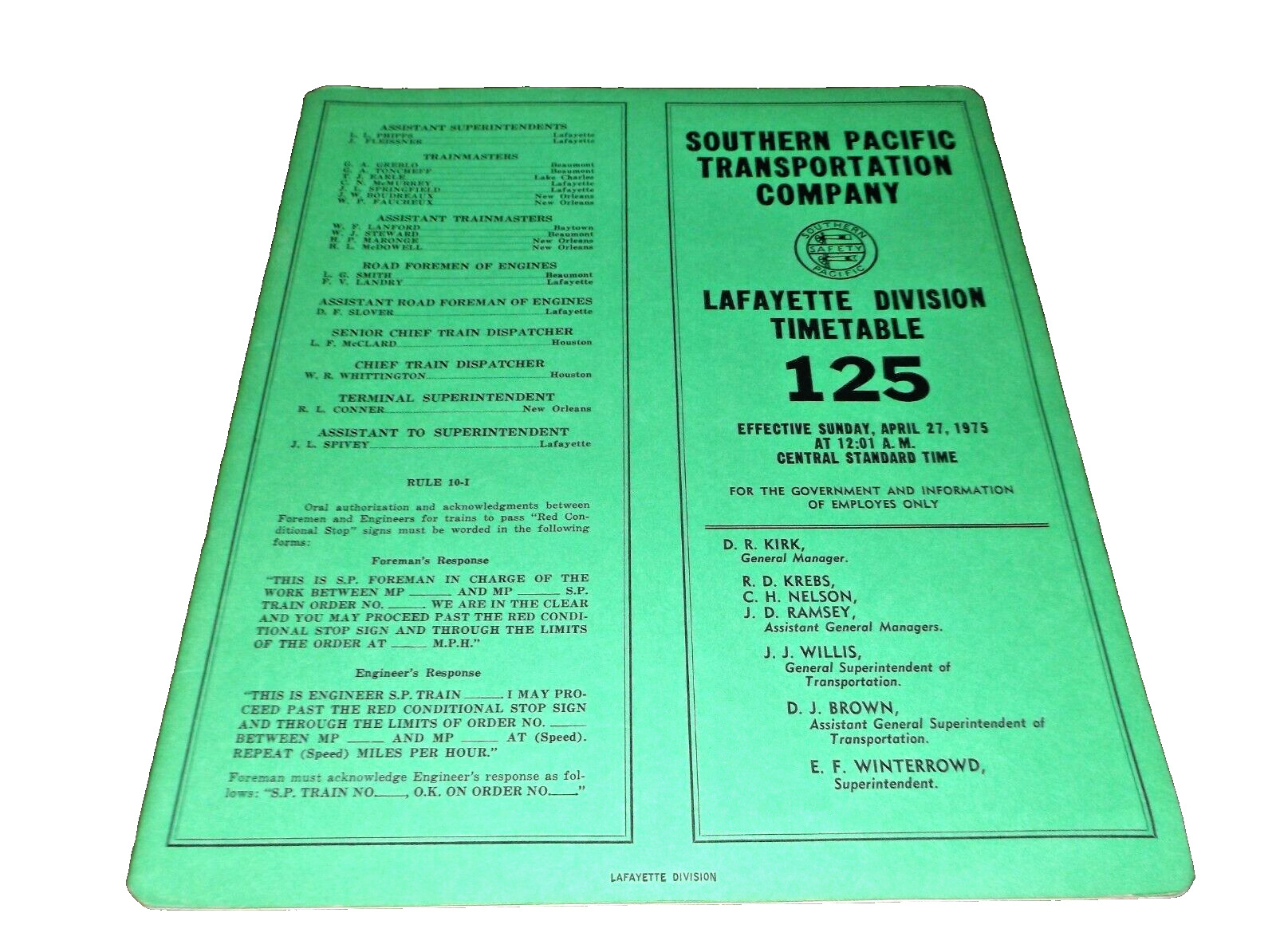 APRIL 1975 SOUTHERN PACIFIC LAFAYETTE DIVISION EMPLOYEE TIMETABLE #125