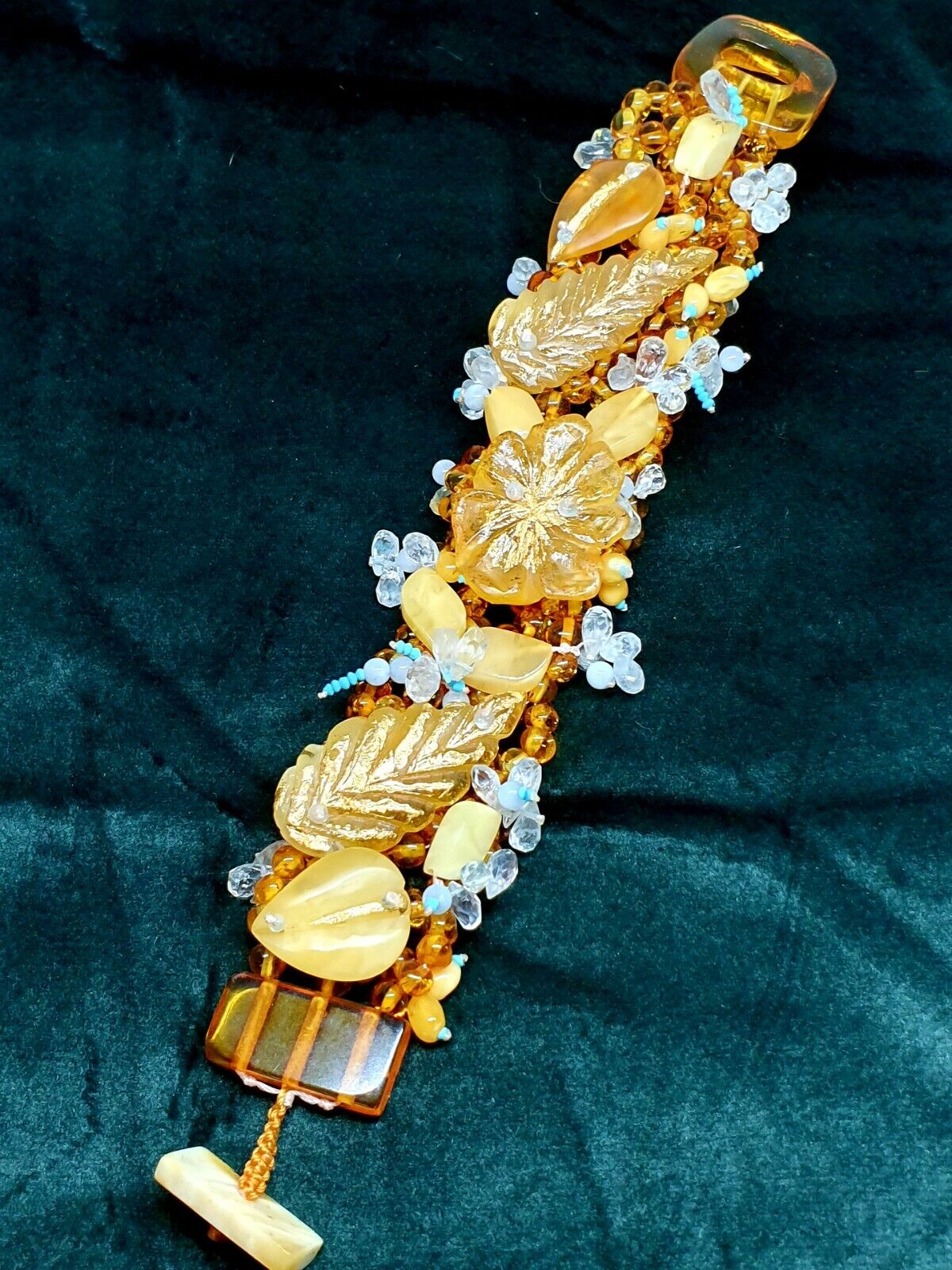 Zoria Baltic Amber Bracelet- Milky/Cognac Color-14K Gold Leaves-Free US/EU Post