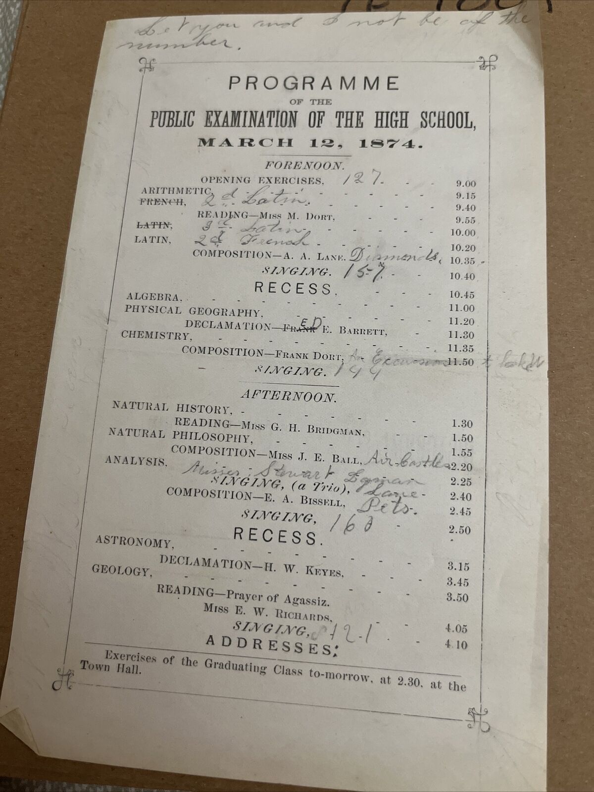 1874 Antique Keene NH High School Programme of Public Examination - Frank Dort