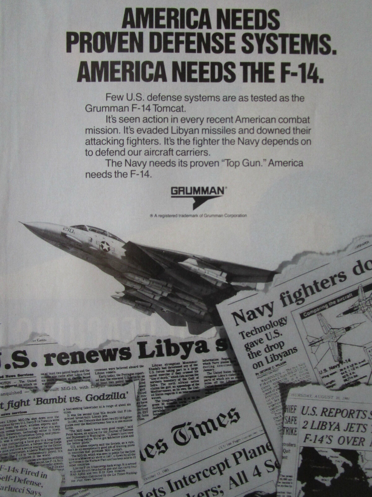 7/1989 PUB GRUMMAN F-14 TOMCAT LIBYA US NAVY TOP GUN AMERICA ORIGINAL AD