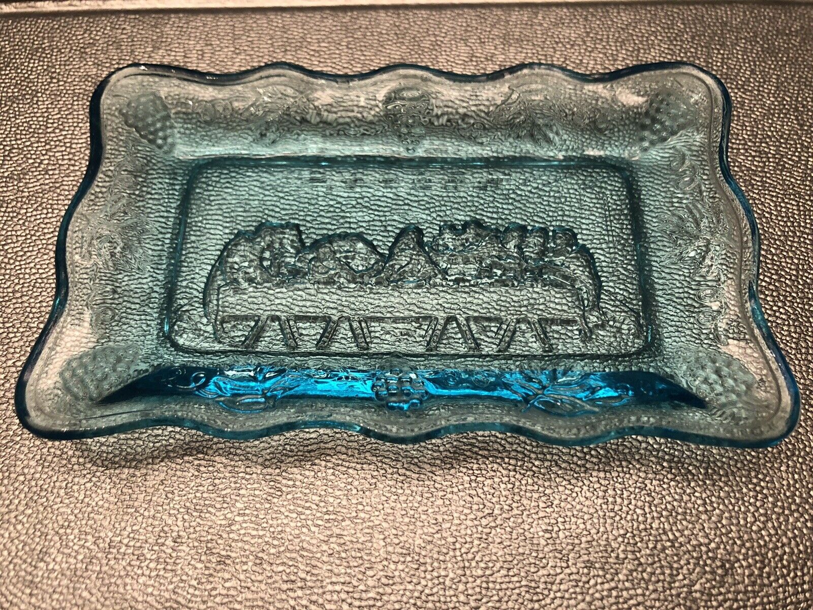 Aqua Blue Depression Glass Trinket Dish Tray Jesus & the Last Supper Religious