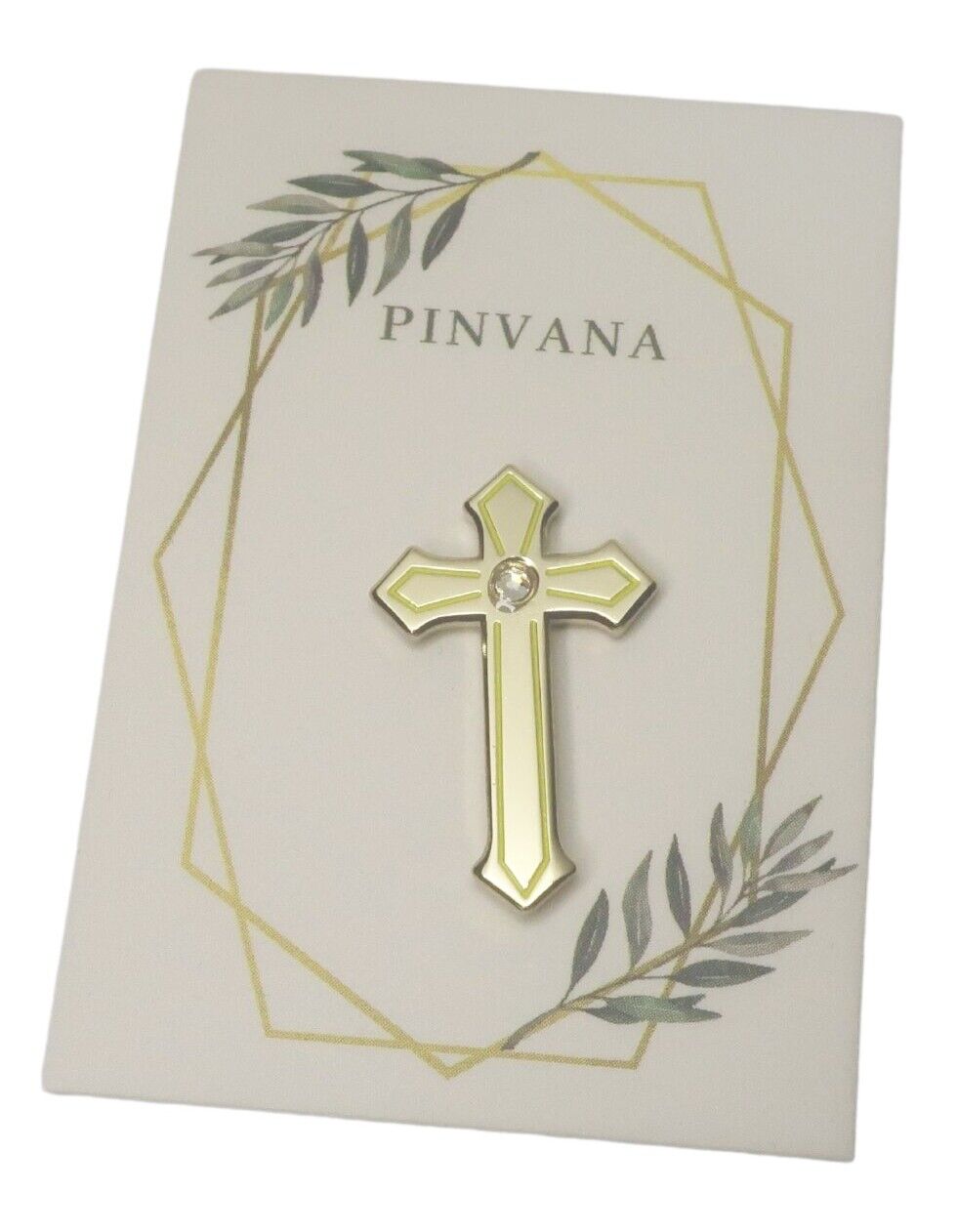 Religious Cross Lapel Pin - Gold Enamel with rhinestone