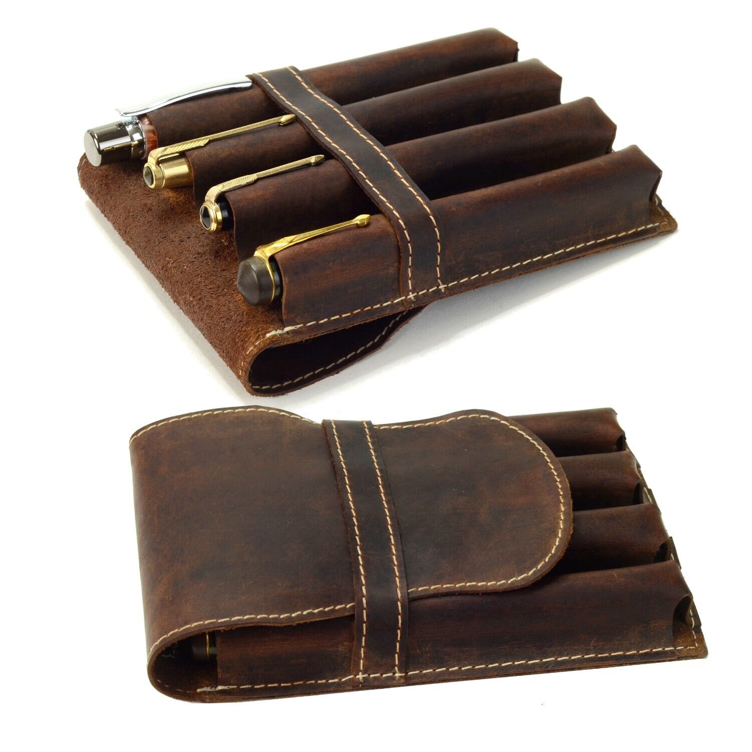 leather Pen pouch case for 4 jumbo pens with vintage style hunter leather