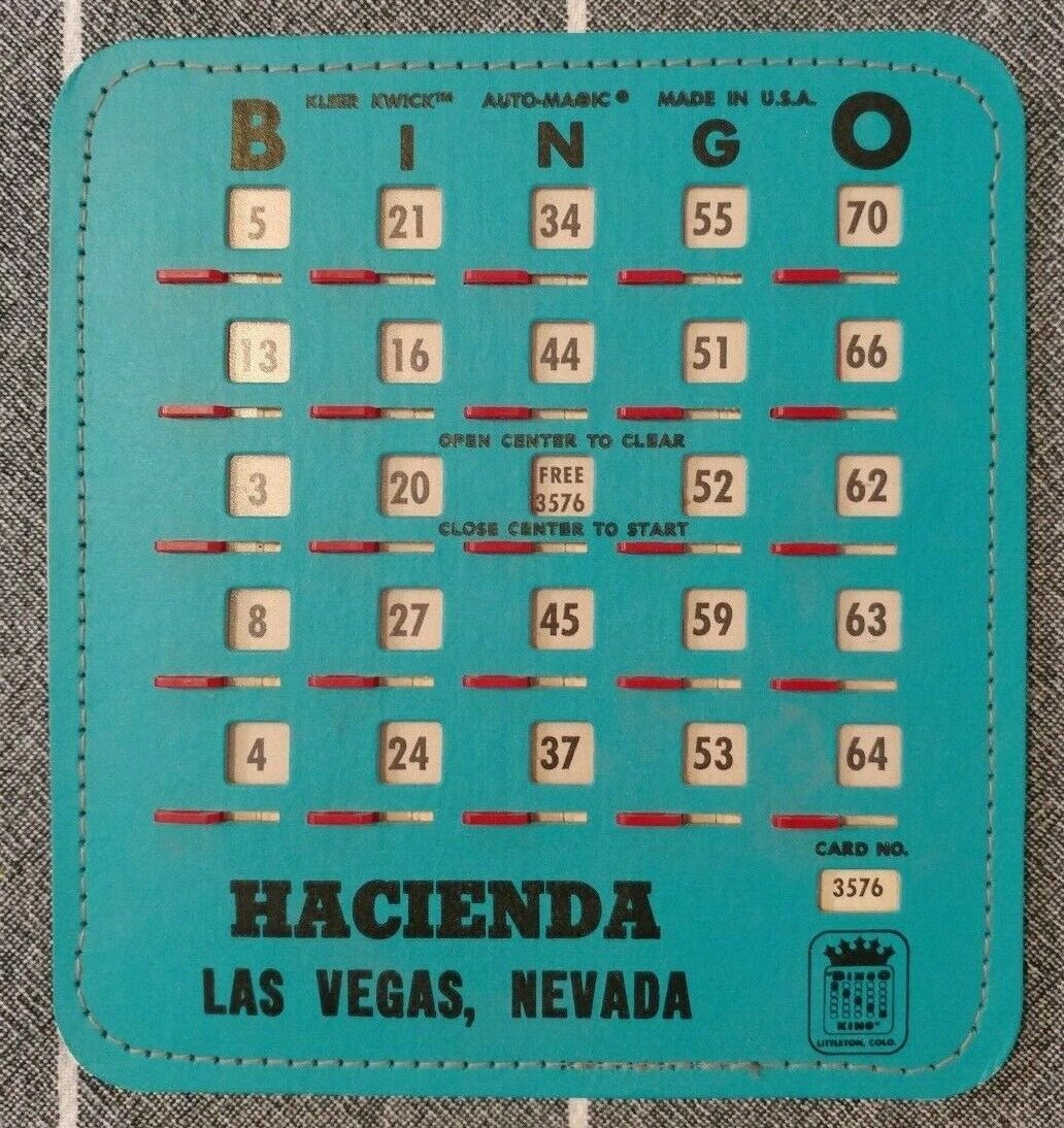 Vintage Las Vegas Hacienda Hotel Casino Slide Bingo Card Kleer Kwick Never Used