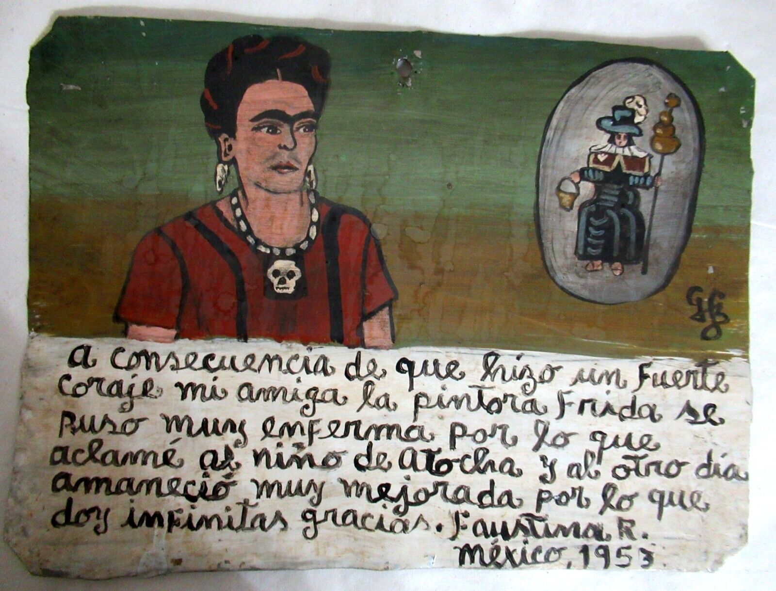 VTG 1953 HP MEXICAN TIN RETABLO: S. NINO DE ATOCHA IMPROVES FRIDA KAHLO HEALTH