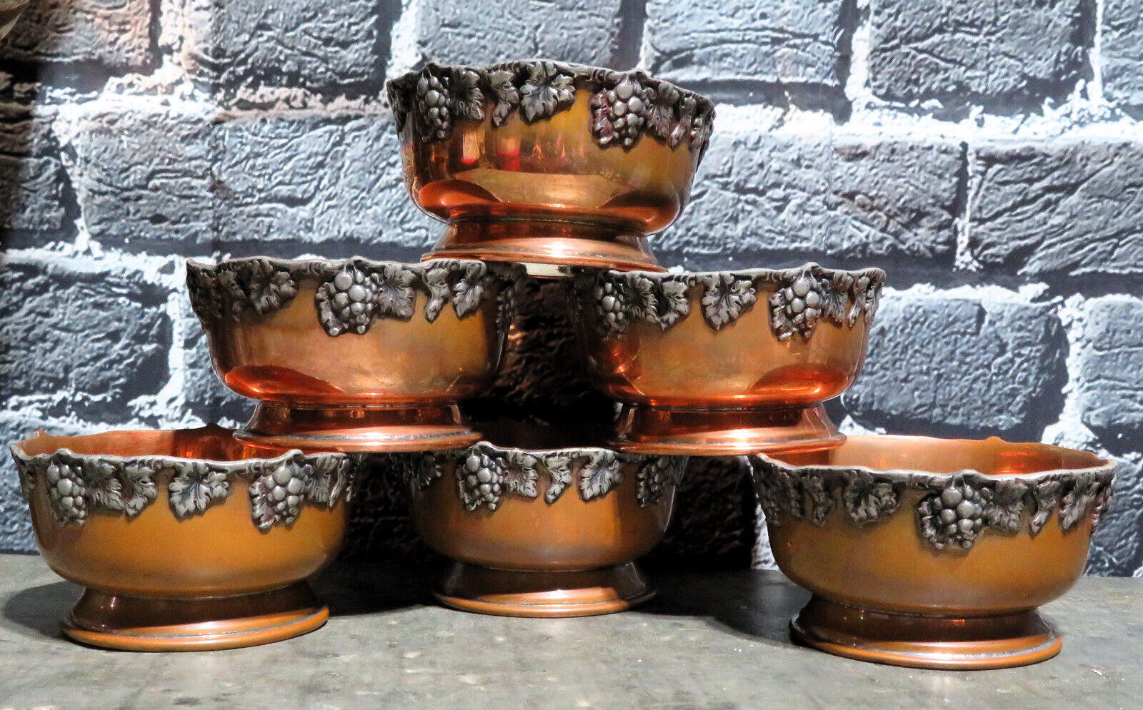 FABULOUS Set 6 Vintage Copper Pewter Bowls GRAPES Marked