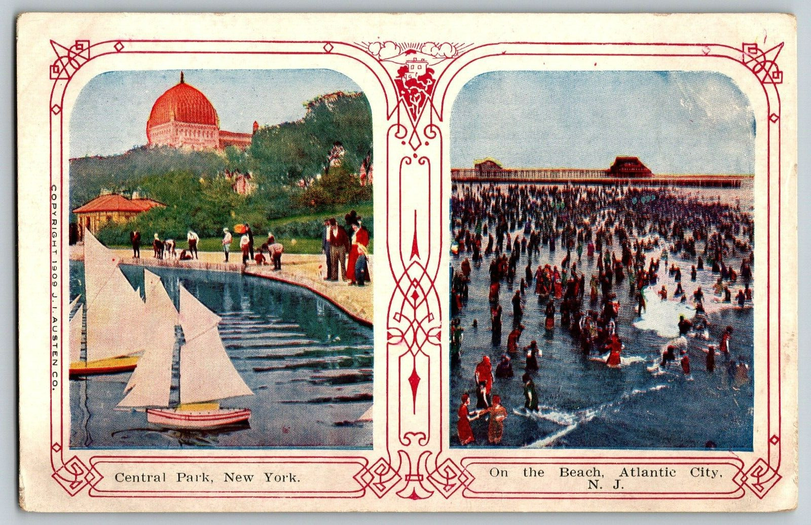 Central Park, New York - On the Beach, Atlantic City - Vintage Postcard - Posted