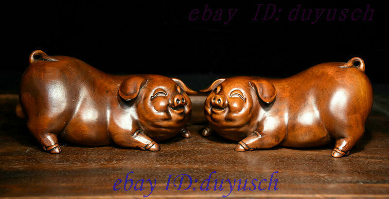 Old Chinese Folk Feng Shui Boxwood Wood Carved Happy Year Zodiac Pig Statue Pair