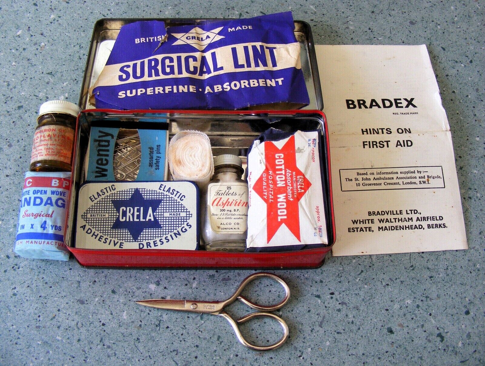 VINTAGE BRADEX MINI FIRST AID KIT TIN WITH CONTENTS & INSTRUCTIONS