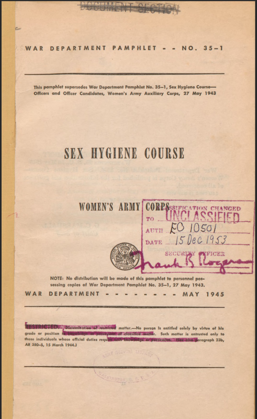 33 Page May 1945 Sex Hygiene Course: Women's Army Corps WAC Pamphlet On Data CD