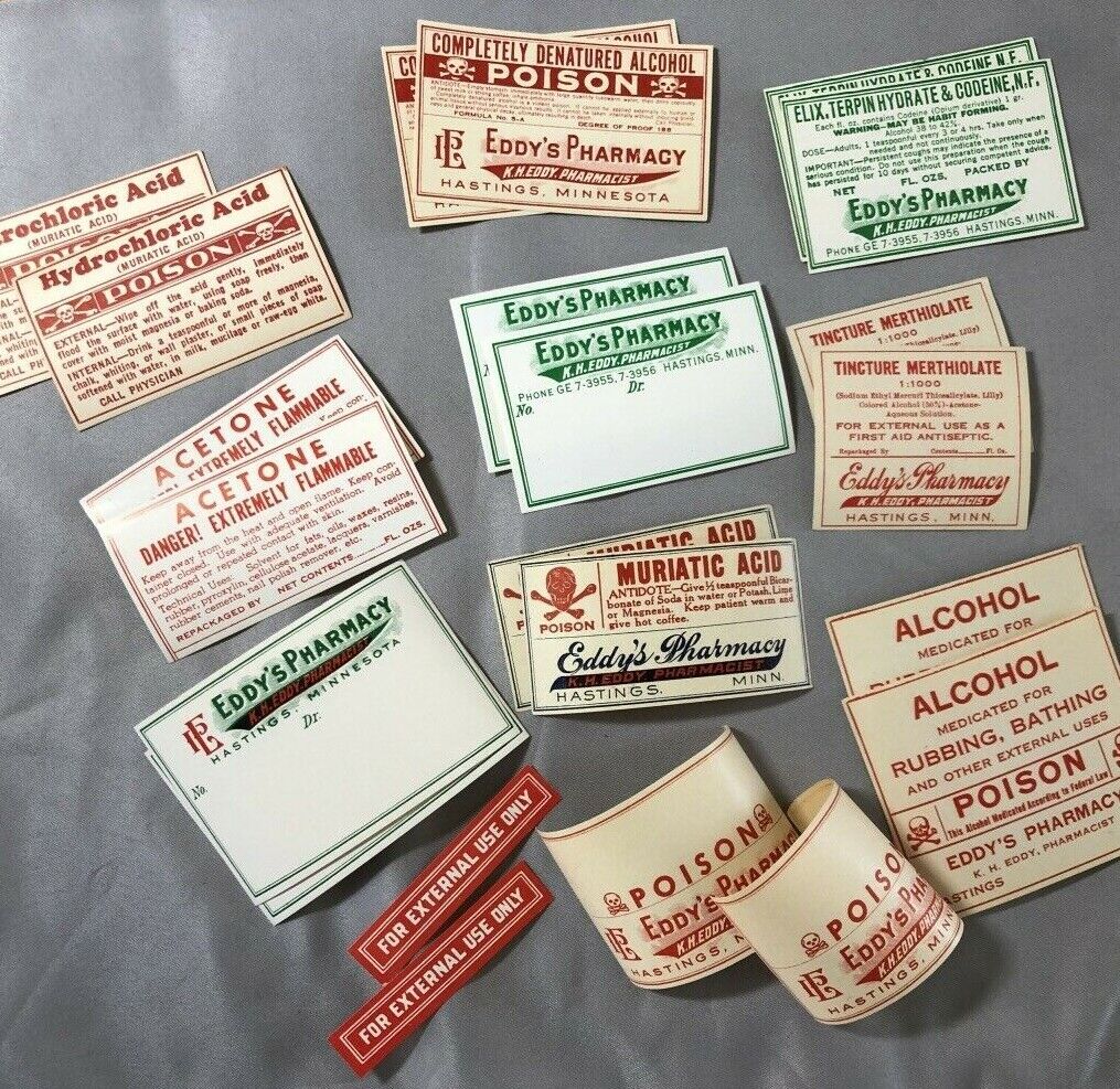22 1950s PHARMACY Drug POISON Medicine Label Vintage CODEINE Muriatic HASTINGS